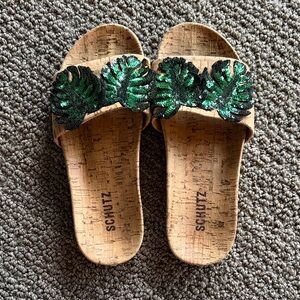 SCHUTZ Cork Sandals with Green Leaf Embellishments